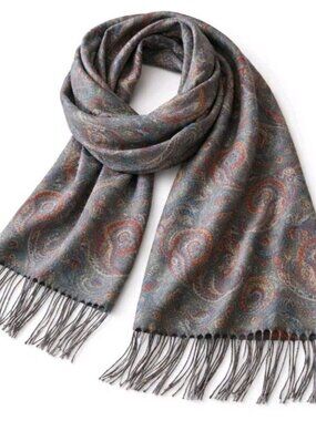 Perry Ellis Silk Wool Paisley Scarf Italy Fringe Gray Blue Luxury